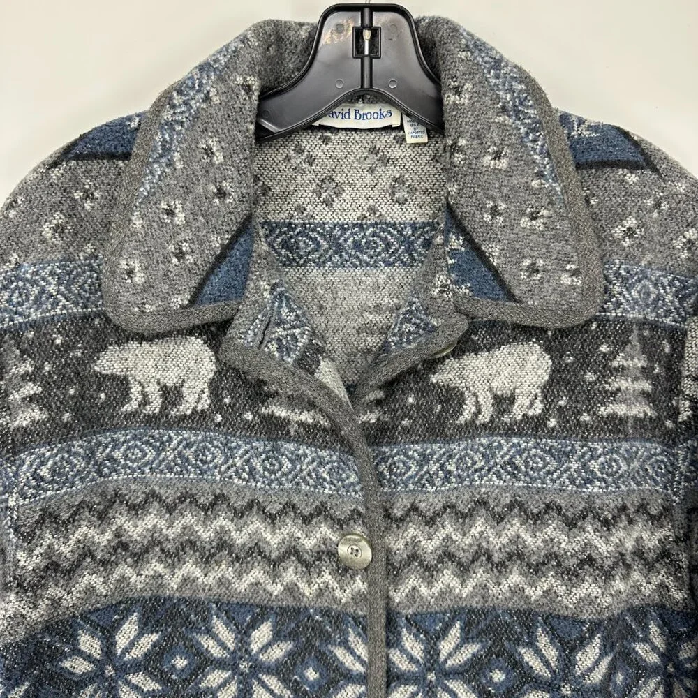 Vintage Fair Isle Wool Jacket M Bear Trees Shacket Button Down Gray Blue